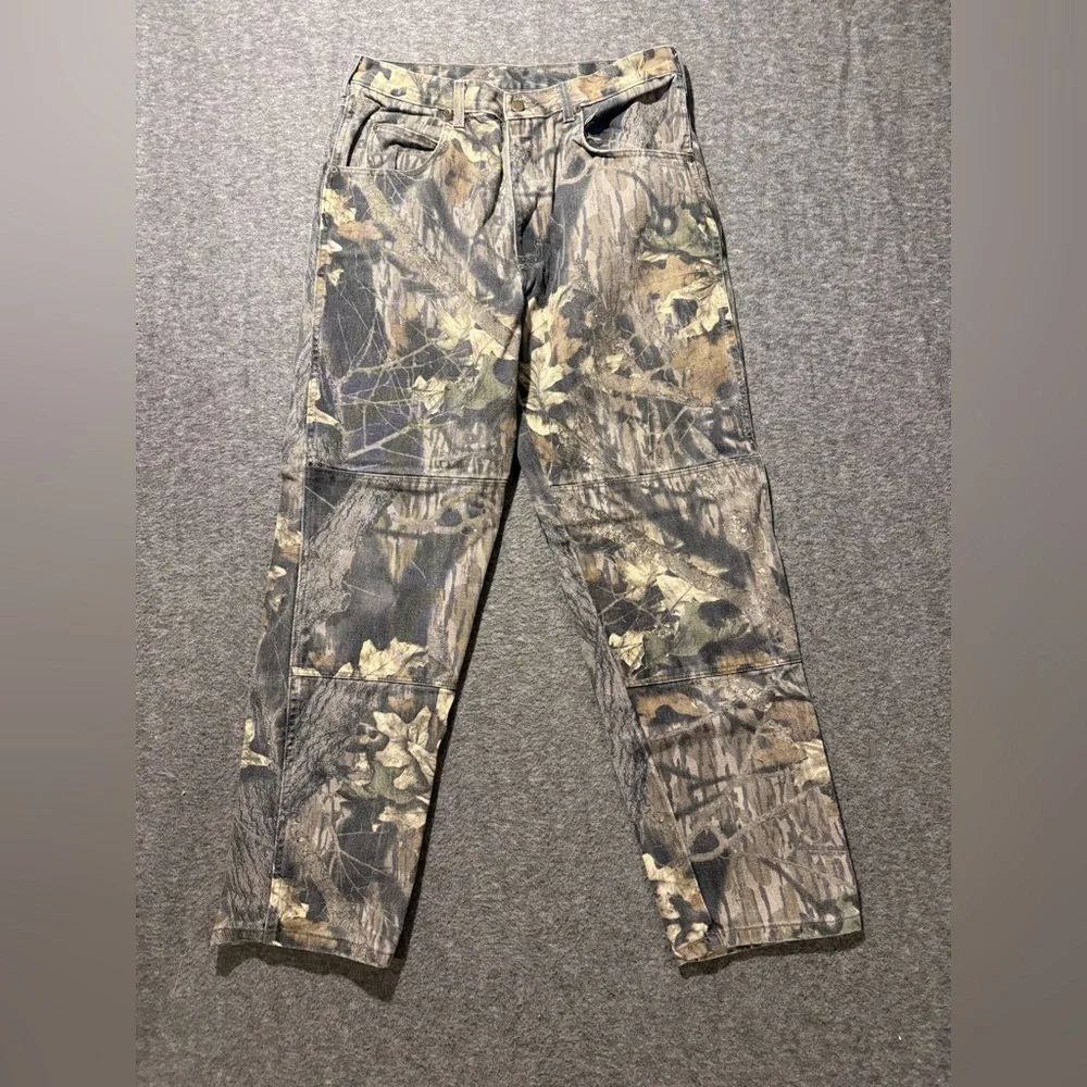 Wrangler Vtg Camo Mossy Oak Pants Jeans Men’s tag 34x32 (fit 32x30) Double Knee